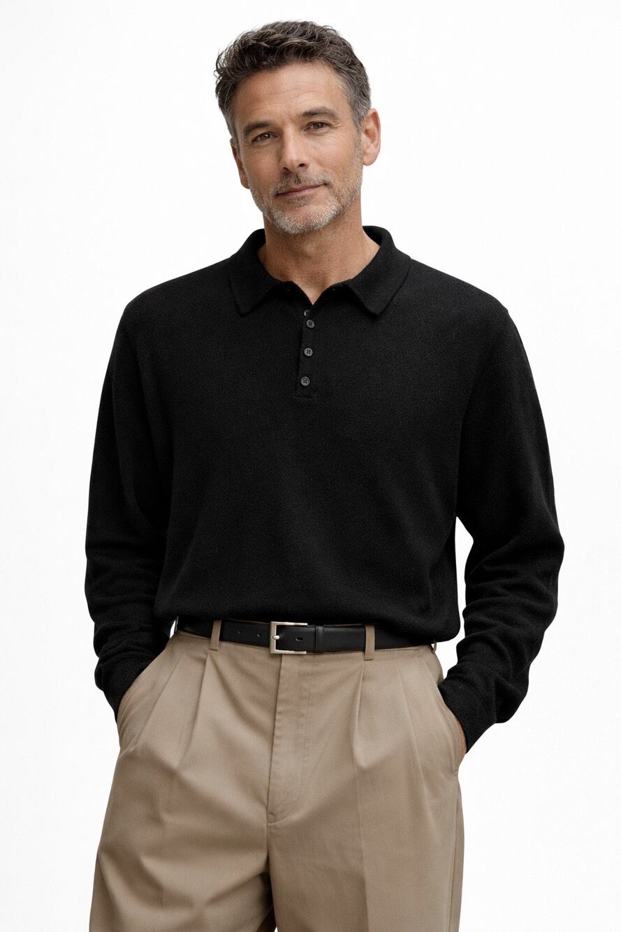 1990s Precious Fibers Black Cashmere Collared Sweater Polo Top Large
